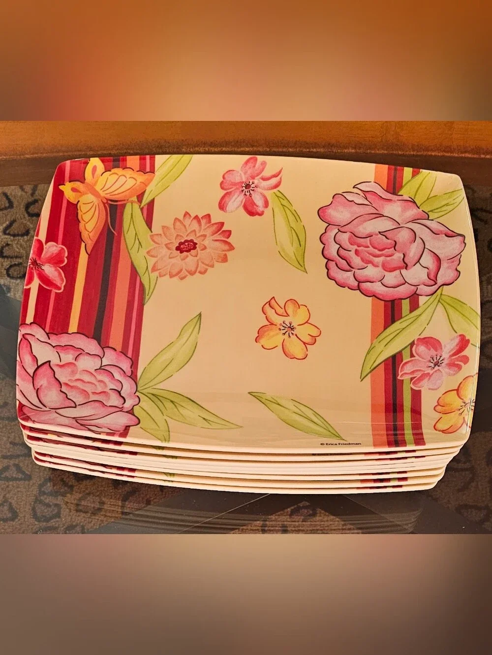 Floral Stripe Melamine Rectangular Dinner Plates- Pink Floral - Set Of 4